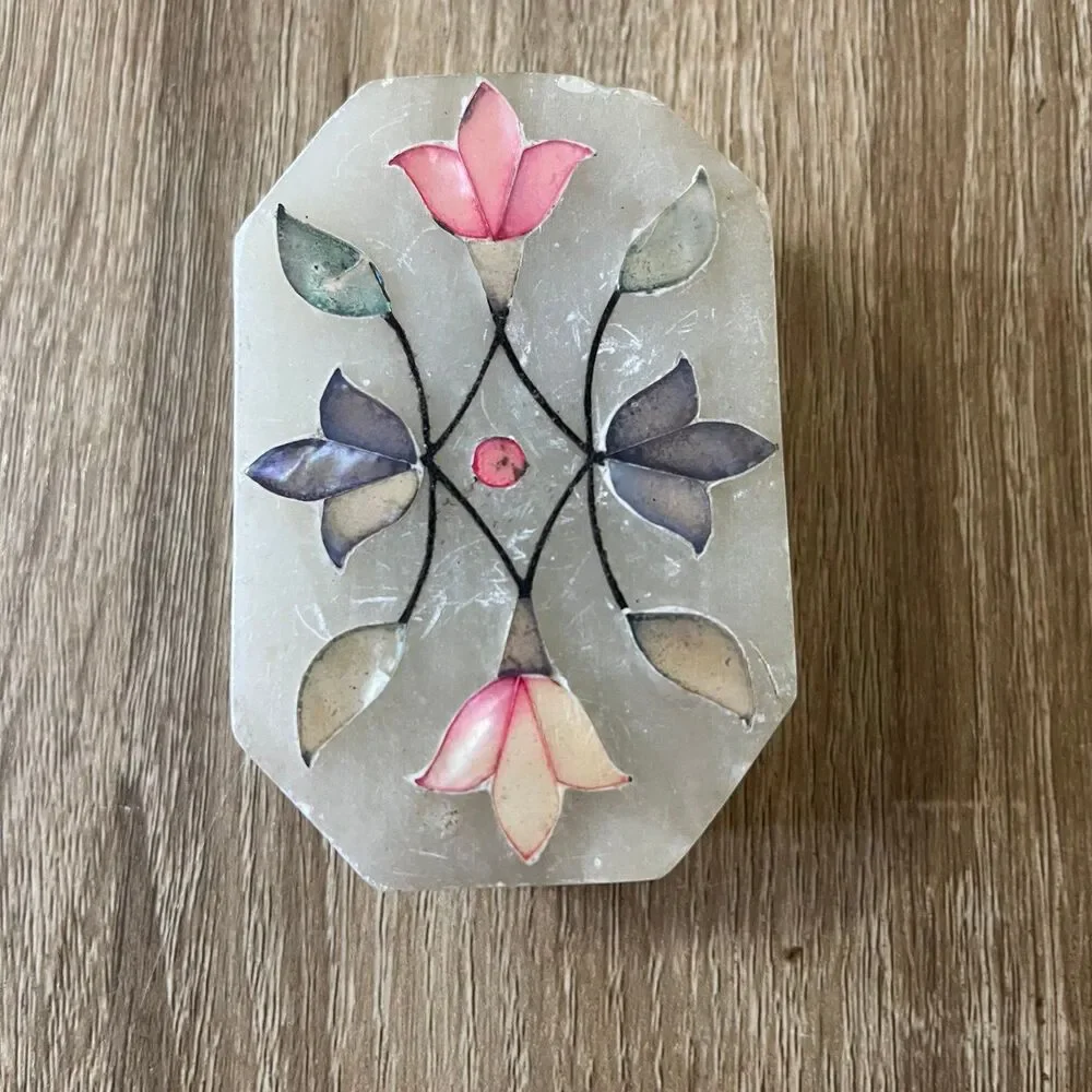 Vintage White Marble Trinket Jewelry Box Stone Inlay Floral Design